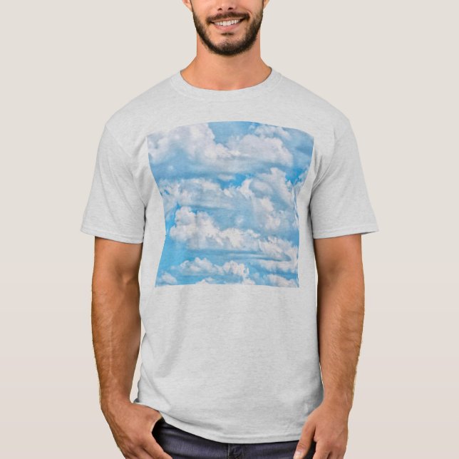 Happy Sunny Clouds Light Blue Sky Background T-Shirt (Front)