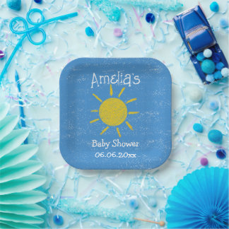 Happy Sunshine Blue Baby Shower Paper Plate