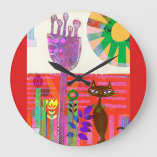 Happy Sunshine Cat Flower Garden Large Clock