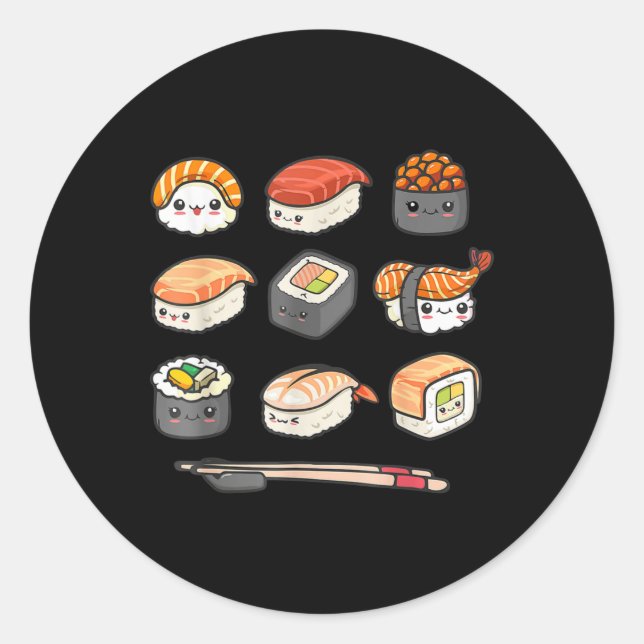 Happy Sushi Anime Kawaii Set Japanese Food Lover O Classic Round Sticker (Front)