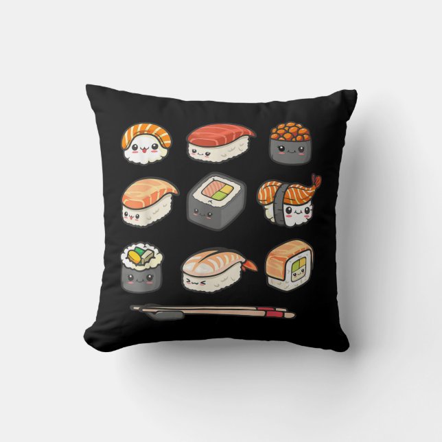 Happy Sushi Anime Kawaii Set Japanese Food Lover O Cushion (Front)
