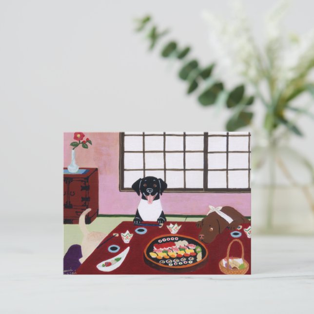 Happy Sushi Party Labradors Postcard (Standing Front)