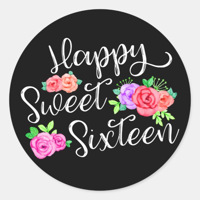 Happy Sweet 16 Birthday Girl Edgy Roses & Black Classic Round Sticker (Front)