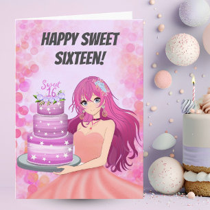 Happy Sweet Sixteen Anime Girl With Cake Card