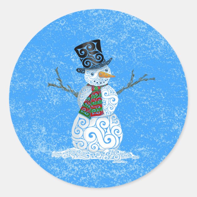 Happy Swirly Snowman Classic Round Sticker (Front)