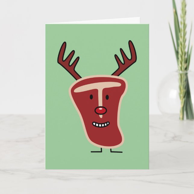 Happy T-Bone Steak Reindeer red nose Christmas Holiday Card (Front)