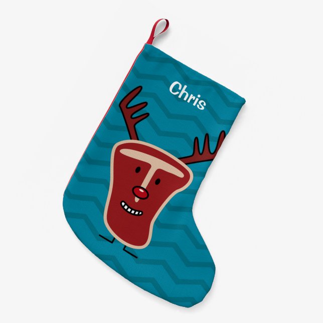 Happy T-Bone Steak Reindeer red nose Christmas Small Christmas Stocking (Front (Hanging))