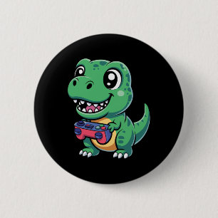 Happy T-rex With Game Controller Cute Gamer Dino T 6 Cm Round Badge