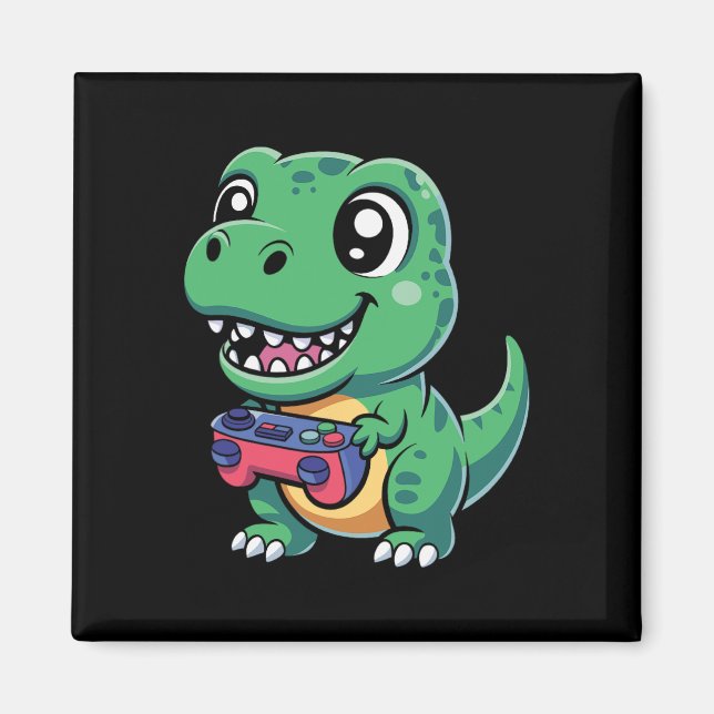 Happy T-rex With Game Controller Cute Gamer Dino T Magnet (Front)