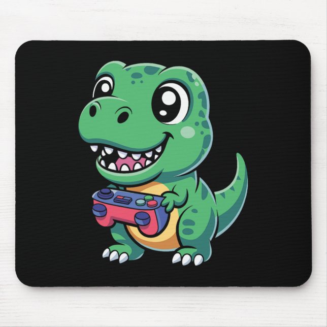 Happy T-rex With Game Controller Cute Gamer Dino T Mouse Pad (Front)