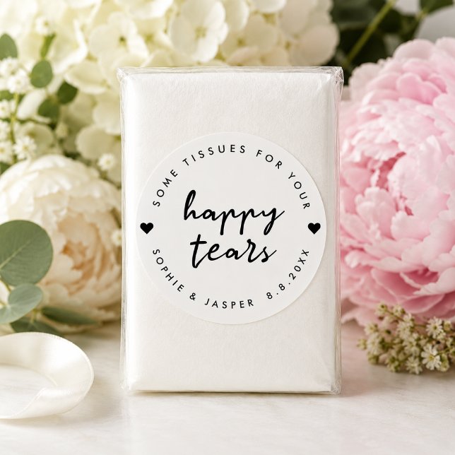 Happy Tears Sticker | Wedding Favour Tissue Label (Personalized happy tears tissue packet sticker for wedding ceremony guests and favors.)