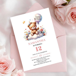 Happy teddy bear balloon flower girl birthday  invitation