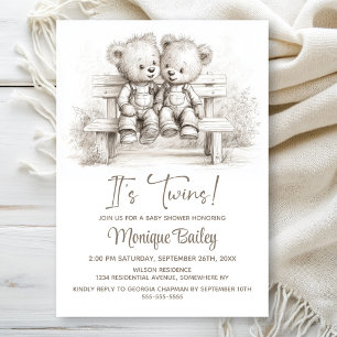 Happy Teddy Bear Twins Baby Shower Invitation