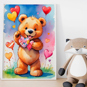 Happy Teddy Bear with Heart Gift and Balloons Poster