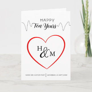 Happy Ten Years Elegant Monogram Heart Anniversary Card