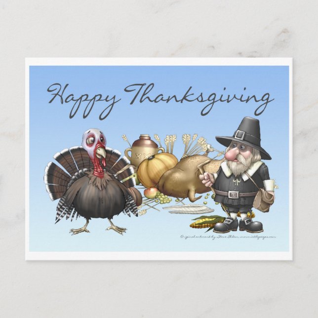 Happy Thankgiving Card With Pilgrim And Turkey (Front)