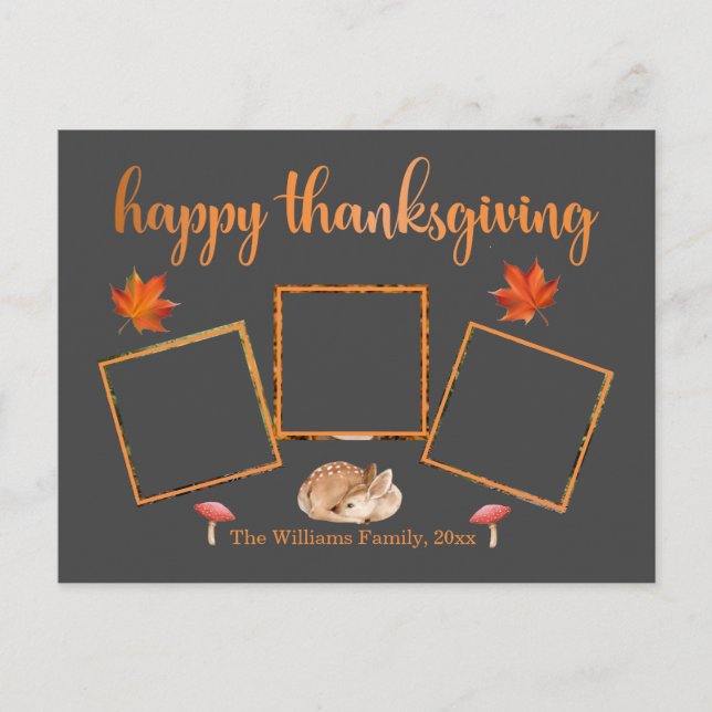 happy thanksgiving, 3 photos grey orange holiday postcard (Front)