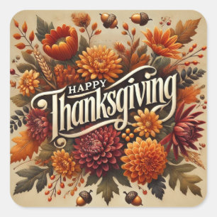HAPPY THANKSGIVING AUTUMN FALL LEAVES SQUARE STICKER