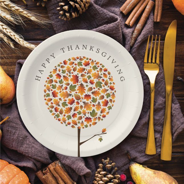 Happy Thanksgiving Autumn Fall Round Pop Tree Paper Plate ('Happy Thanksgiving' Autumn Fall Round Pop Tree Paper Plates @ fat_fa_tin)