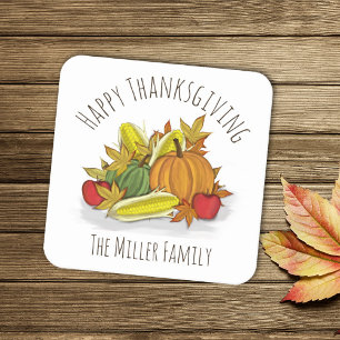 Happy Thanksgiving Autumn Harvest Custom Square Paper Coaster