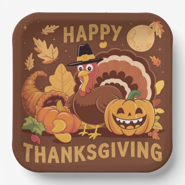 Happy Thanksgiving Autumn Harvest Paper Plate (Front)