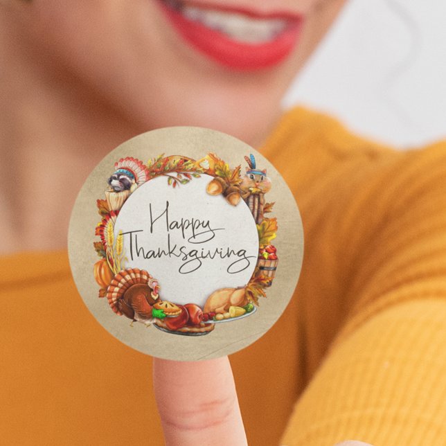 Happy Thanksgiving Autumn Leaf Wreath Animals Classic Round Sticker (Creator Uploaded)
