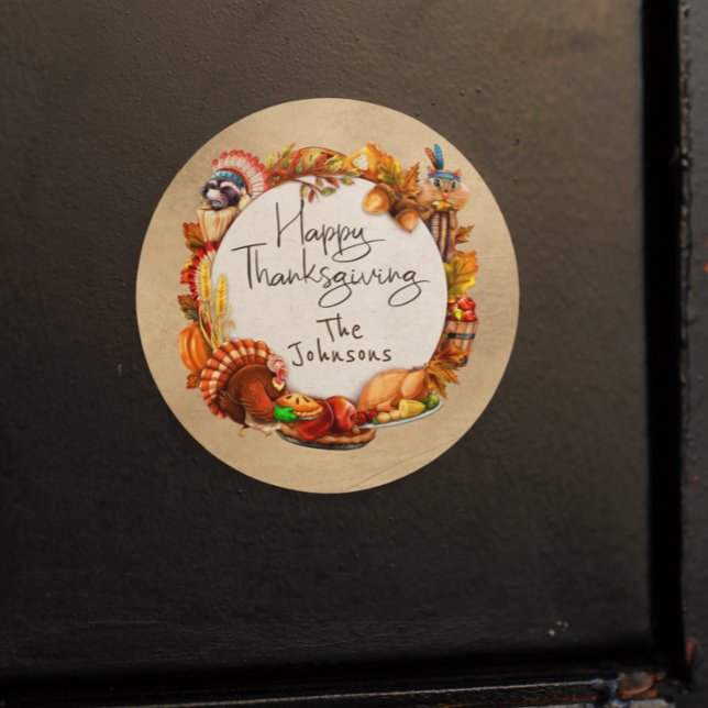 Happy Thanksgiving Autumn Leaf Wreath Monogram Classic Round Sticker (Creator Uploaded)