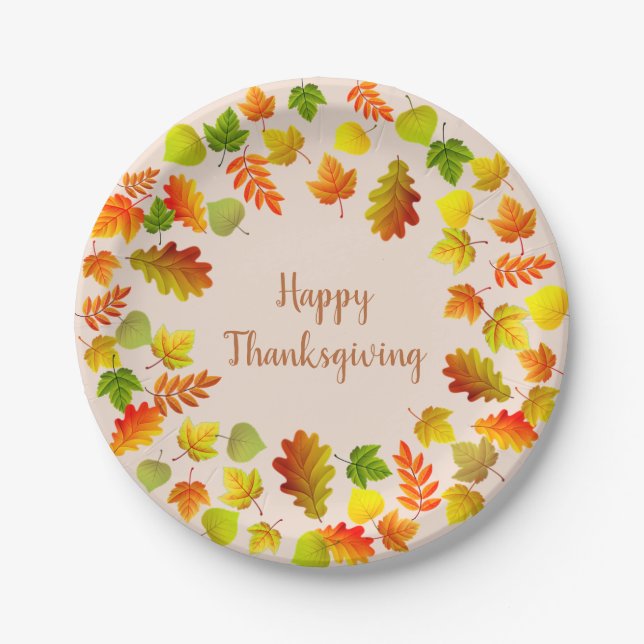 Happy Thanksgiving Autumn Leaves on Beige Paper Plate (Front)