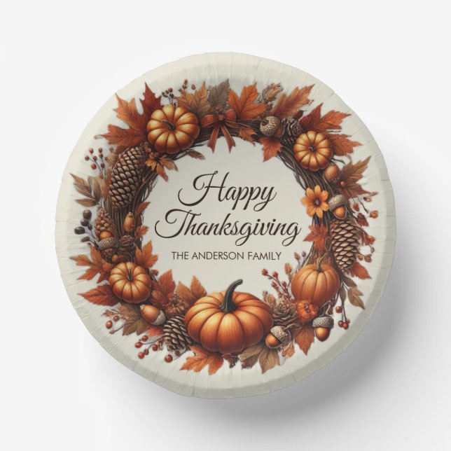 Happy Thanksgiving Autumn Leaves Wreath Company Paper Plate (Front)