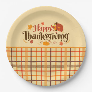 Happy Thanksgiving Autumn Plaid Paper Plate