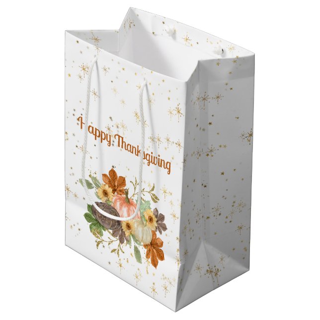 Happy Thanksgiving Autumn Pumpkins and Flowers Medium Gift Bag (Front Angled)