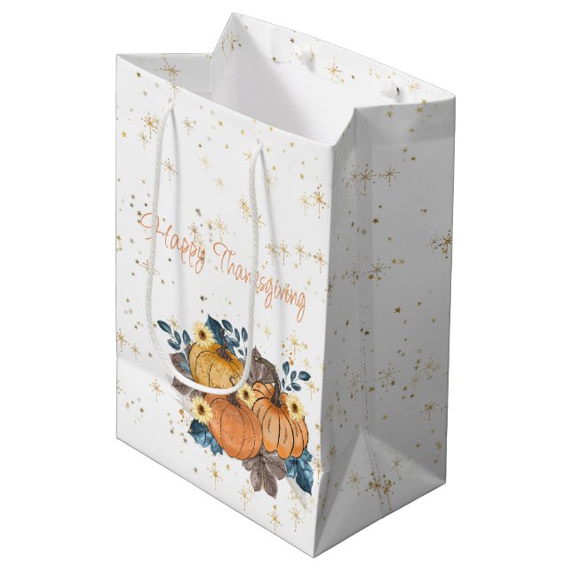 Happy Thanksgiving Autumn Pumpkins and Flowers Medium Gift Bag (Front Angled)