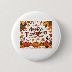 Happy Thanksgiving – Autumn Pumpkins & Fall Leaves 6 Cm Round Badge