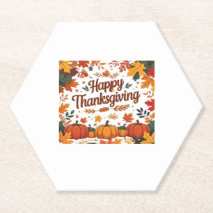 Happy Thanksgiving – Autumn Pumpkins & Fall Leaves Paper Coaster