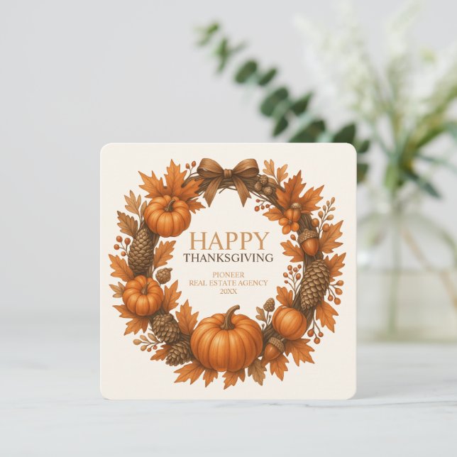 Happy Thanksgiving Autumn Wreath Corporate Holiday Card (Standing Front)