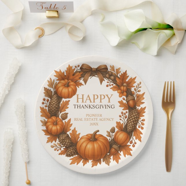 Happy Thanksgiving Autumn Wreath Corporate Paper Plate (Wedding)