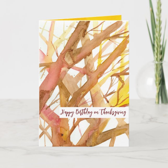 Happy Thanksgiving Birthday Fall Tree Branches  Card (Front)