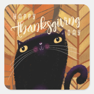 Happy Thanksgiving Black Cat Autumn Fall Square Sticker