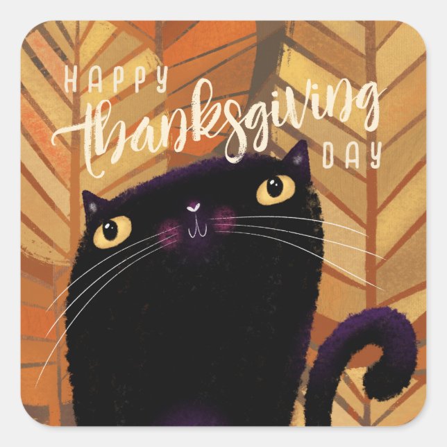 Happy Thanksgiving Black Cat Autumn Fall Square Sticker (Front)