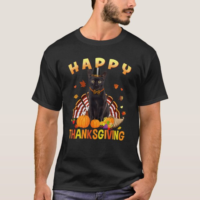 Happy Thanksgiving Black Cat Turkey Pilgrim Hat    T-Shirt (Front)