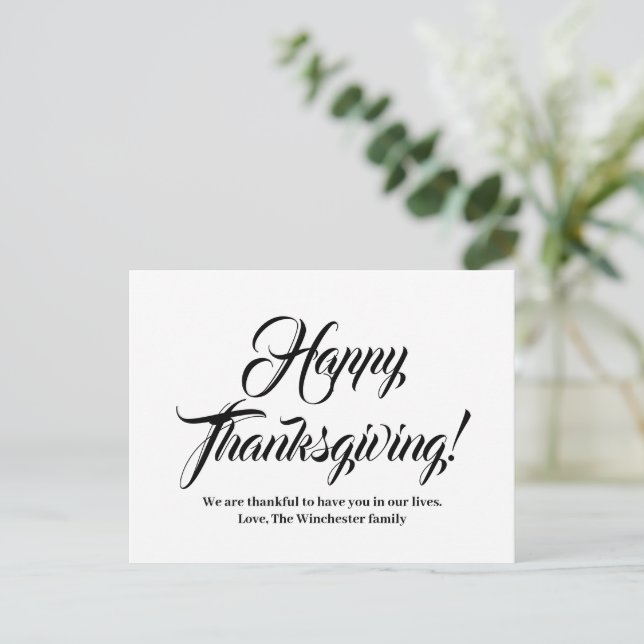 Happy Thanksgiving black custom script elegant Postcard (Standing Front)