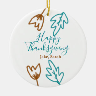 Happy Thanksgiving blue brown fall leaves flower h Ceramic Tree Decoration