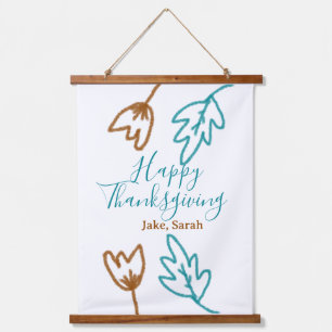 Happy Thanksgiving blue brown fall leaves flower h Hanging Tapestry