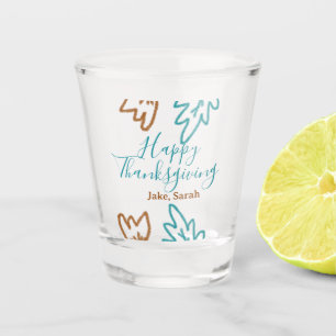 Happy Thanksgiving blue brown fall leaves flower h Shot Glass