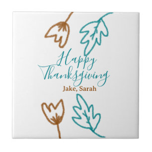 Happy Thanksgiving blue brown fall leaves flower h Tile
