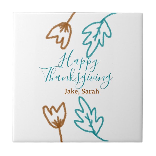Happy Thanksgiving blue brown fall leaves flower h Tile (Front)