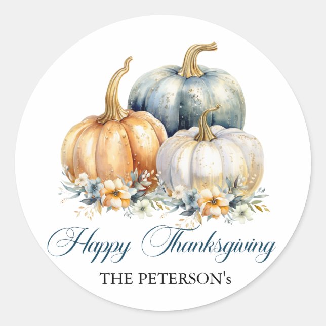 Happy Thanksgiving Blue Orange Gold Pumpkins Classic Round Sticker (Front)