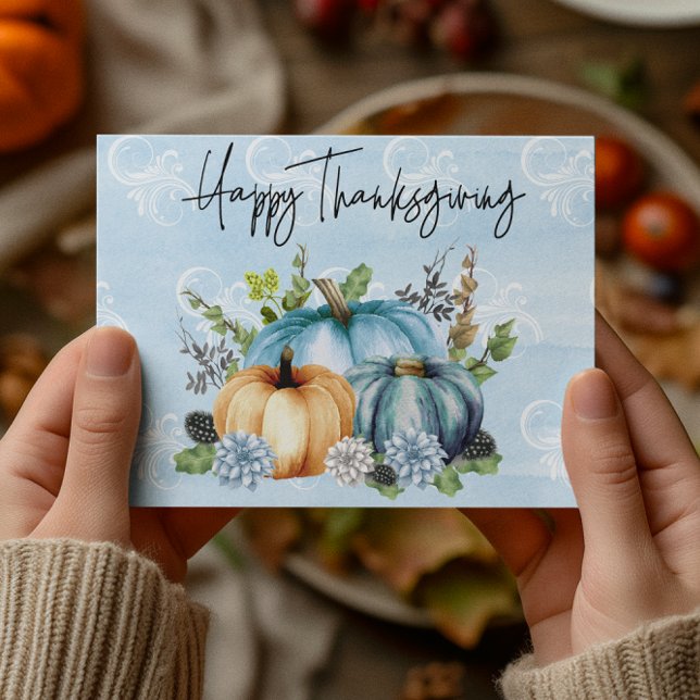 Happy Thanksgiving Blue Watercolor Pumpkin Postcard (Creator Uploaded)