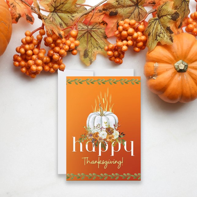 Happy Thanksgiving Boho Floral Pumpkin Orang Flat  Holiday Card (Creator Uploaded)