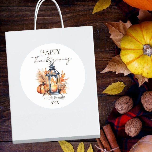 Happy Thanksgiving boho pumpkin lantern watercolor Classic Round Sticker (Happy Thanksgiving favor gift stickers modern watercolor boho lantern pumpkin pampas grass)
